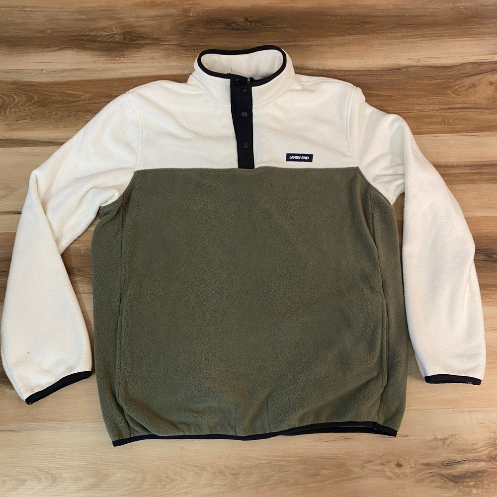 Lands' End Fleece Pullover Mens Large Color Block Snap Neck Sweater Olive Green